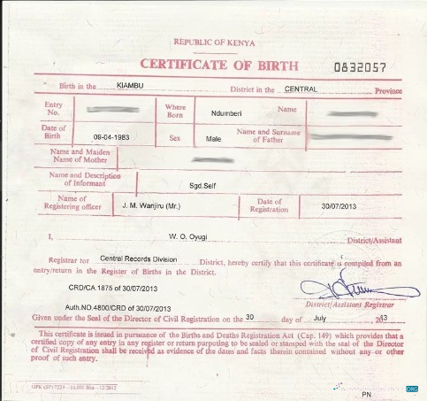 Download Kenya Register of births death certificate Photoshop template